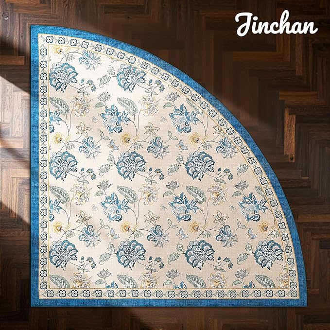 jinchan Elora Floral Corner Rug for Washable Nursery Rug Vintage Romance Design Non Slip Quarter Circle Lightweight Low-Pile Throw Carpet for Playroom Reading Nook Office, 5ft Radius, Blue/Beige
