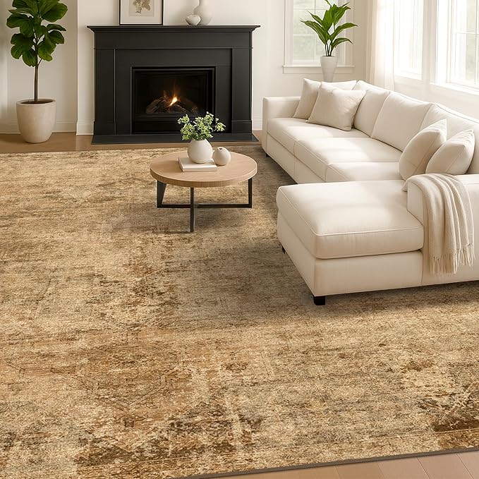 Farmhouse 8x10 Rugs for Living Room - Brown and Gold Dining Room Area Rugs for Bedroom, Washable, Soft, Lightweight & Stain Resistance, Neutral Dark Vintage Medallion Decor