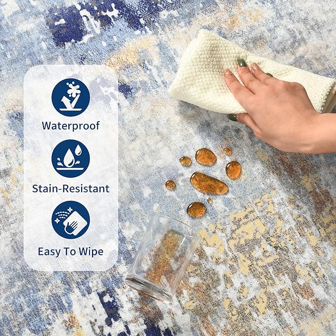 Living Room Rug 7x10 Ultramarine Area Rugs Machine Washable Abstract Boho Large Rug Non-Slip Non-Shedding Faux Wool Indoor Vintage Carpet for Bedroom, Classroom, Dining Room, Kids Playroom