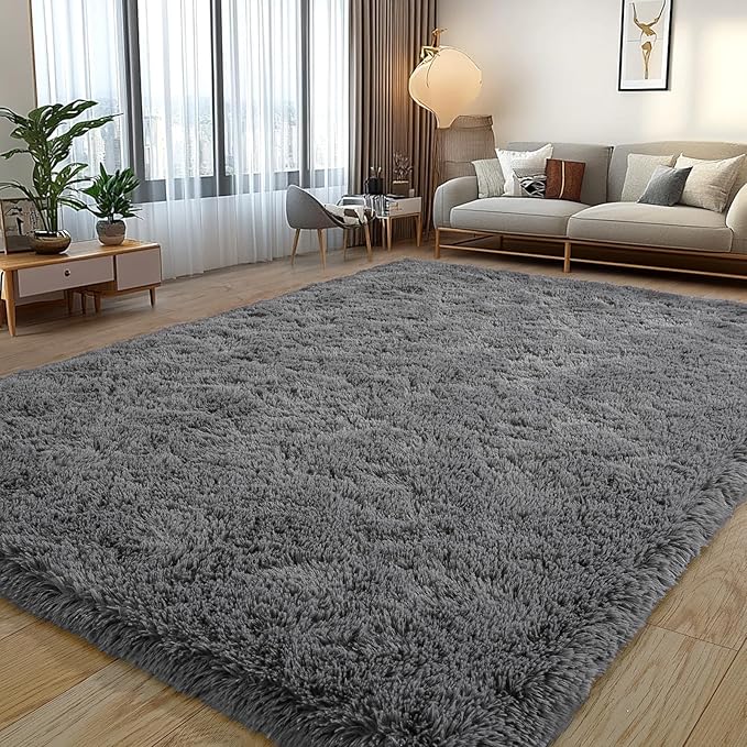 Dark Gray Fluffy Rug Plush Carpet for Bedroom Dorm, Non-Slip High Pile Rug, Shag Rug for Playroom Nursery Home Office Decor 6X9 Ft