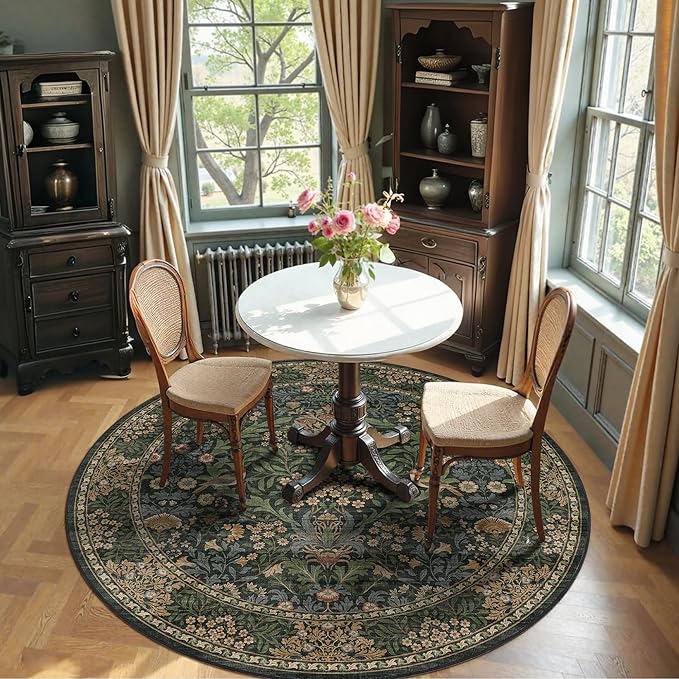 4ft Round Area Rugs for Living Room, Washable Floral Circle Rug Non Slip Low Pile, Vintage Boho Botanical Birds Throw Carpet for Farmhouse, Bedroom, Dining Room, Retro Gold/Green