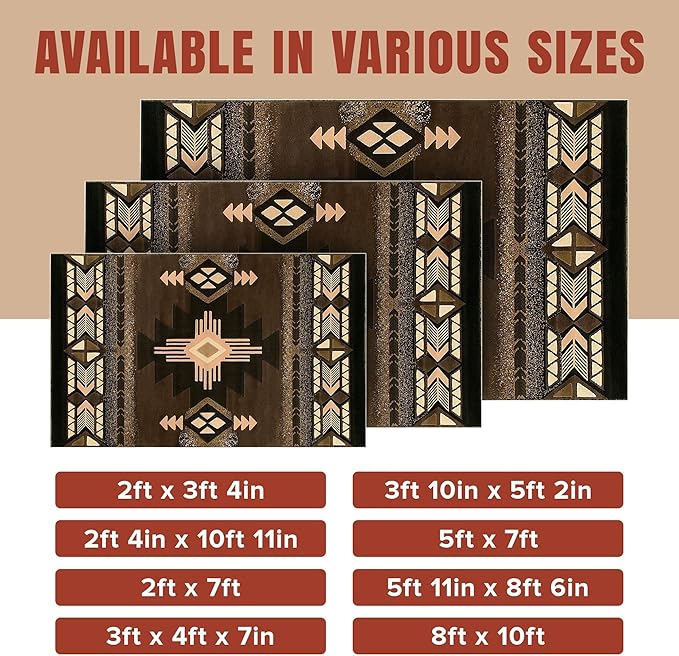 YHSF South West Native American Area Rug C318 - Easy Clean, Thick, Soft, Durable Native Tribal American Indian Inspired Rug for Bedroom/Living Room and more - Chocolate Brown, 3 Feet x 4 Feet 7 Inches