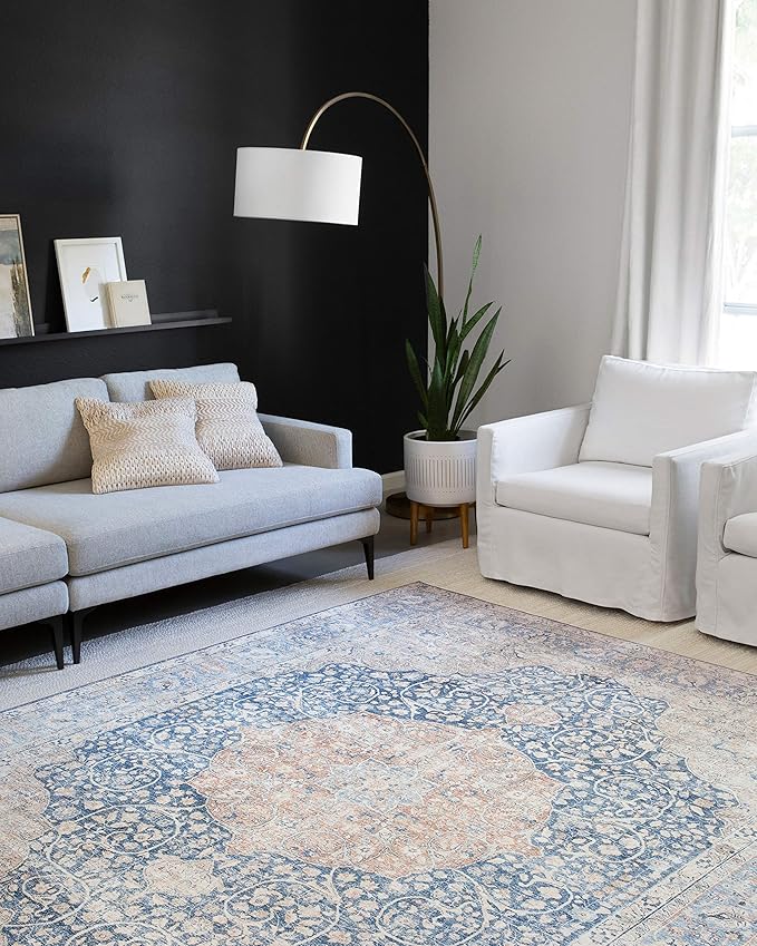 Loloi Layla Collection LAY-07 Blue/Tangerine 2'-3" x 3'-9" .13" Thick Accent Rug, Soft, Durable, Vintage Inspired, Distressed, Low Pile, Non-Shedding, Easy Clean, Printed, Living Room Rug