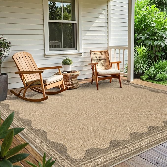 Easy Jute Rug 6x9 Outdoor Patio Rug Scalloped Washable Rugs for Living Room Bedroom Non Slip Neutral Farmhouse Indoor Outdoor Carpet for Backyard Patio Office