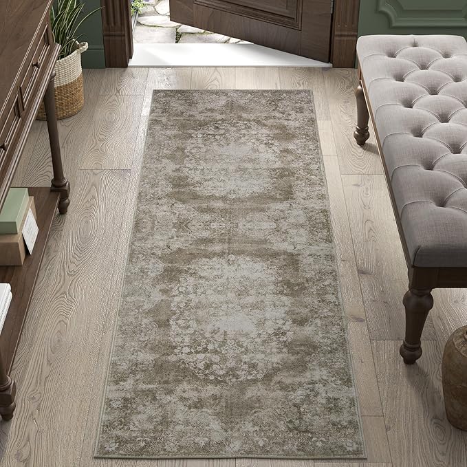 jinchan Vintage Floral Runner Rug 2x6 - Machine Washable Distressed Design Non-Slip Low-Pile Soft Thin Carpet for Hallway Kitchen Farmhouse Bedroom Entryway Laundry Room (2x6ft, Brown)
