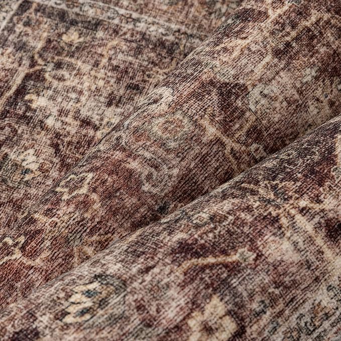 2x6 Washable Runner Rug for Kitchen Hallway Rust Vintage Non-Slip Low Pile Distressed Rustic Carpet Lightweight Vacuumable Soft Throw Rug for Indoor Entryway Bedroom