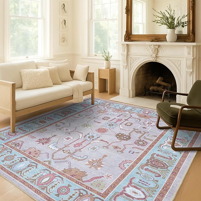 Fame Living Pink Oushak Rug, Modern, Vintage, Turkish, Eclectic, Floral, Pastel, Washable, Area Rugs for Living Room, Dining, Bedroom, Office, Entryway, Foyer, Playroom, Nursery, 5'x6'9"