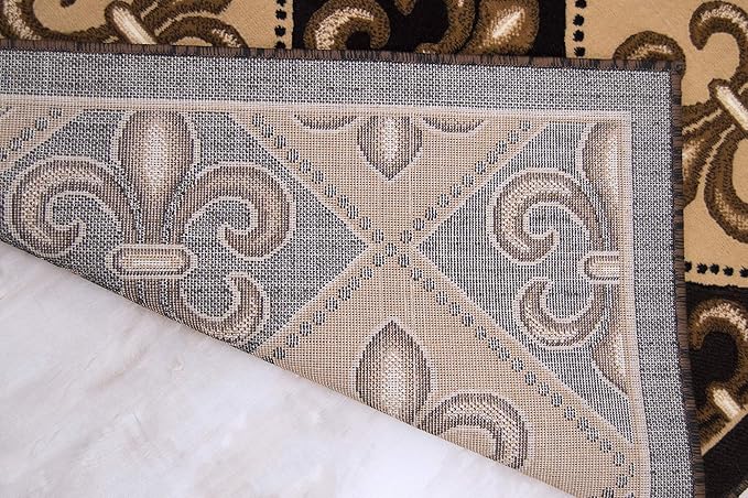 Allstar 8x10 Black Modern Rectangular Accent Rug with Ivory and Mocha Floral Fleur De Lis Diamond Design (8' x 10')