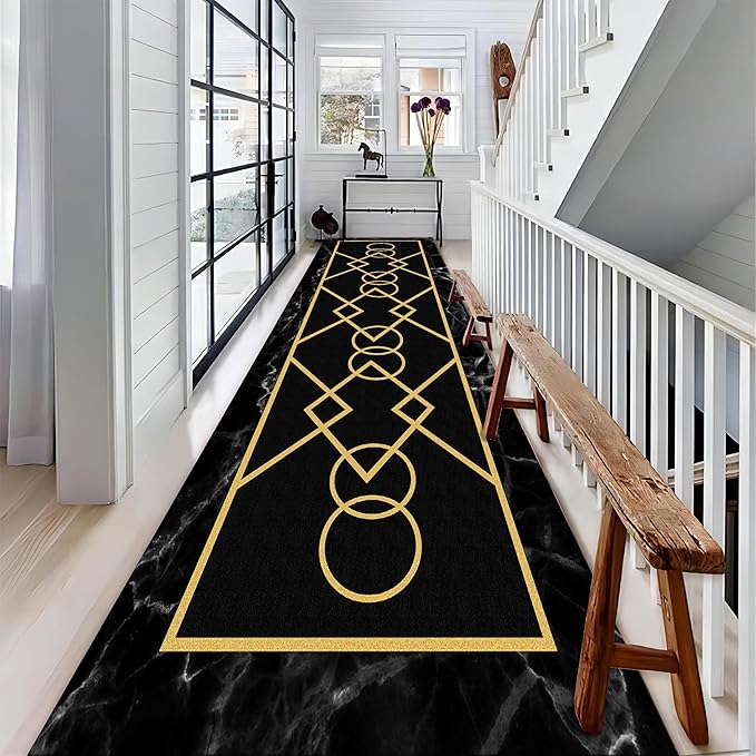 Luxury Gold Stamped Texture Hallway Runner Rug for Walkway, 4x10ft, Abstract Black Marble Background Entrance Carpets, Minimalist Geometric Decoration Absorbent Mat for Floor Office