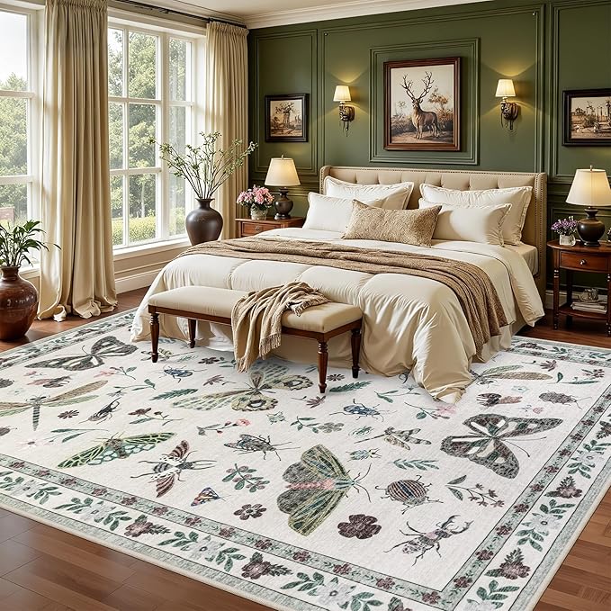 9x12 Area Rugs Living Room Rug: Vintage Washable Rug Floral Soft Carpet Indoor Floor Non-Slip Boho Stain Resistant Large Carpets for Bedroom Kids Nursery Dining Room Farmhouse Home Office Beige