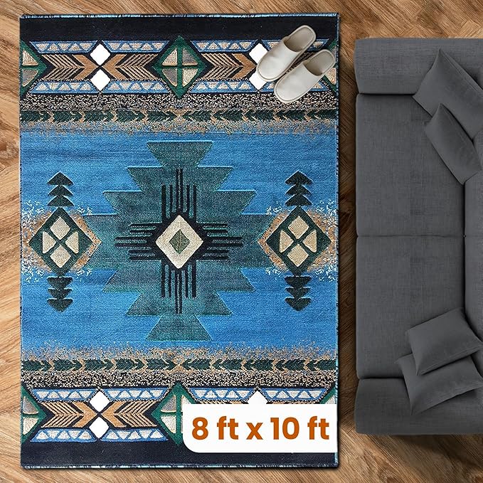 YHSF South West Native American Area Rug C318 - Easy Clean, Thick, Soft, Durable Native Tribal American Indian Inspired Rug for Bedroom/Living Room and More - Blue-Green, 8 Feet x 10 Feet