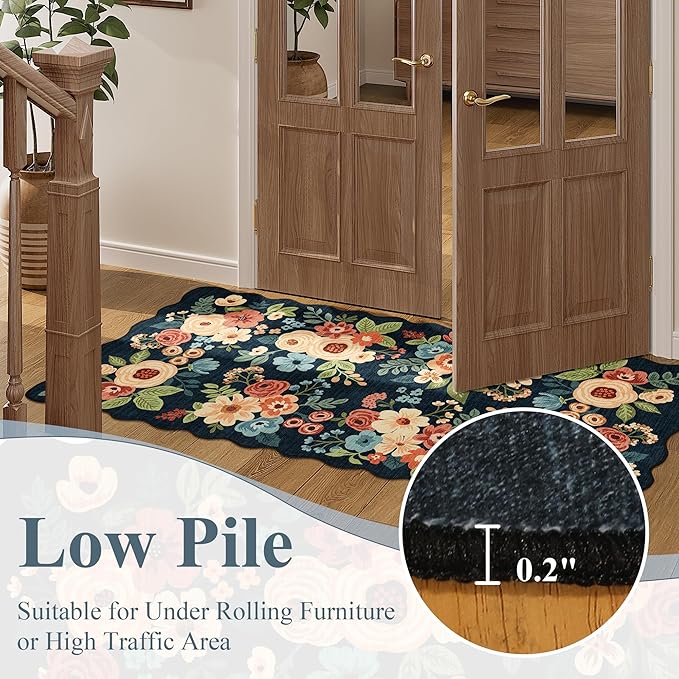 DUKINO 2x10 Runner Rug for Hallway, Washable Kitchen Rug with Non Slip Backing & Non-Shediing, Soft Low Pile Floral Design Runner for Bedroom, Kithchen, Living Room, Laundry, Bathroom, Navy Blue