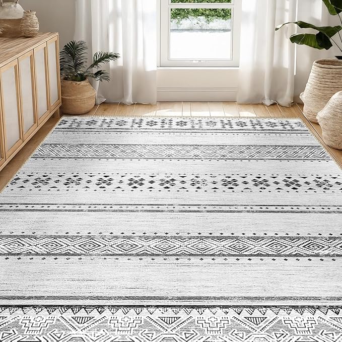 BESTSWEETIE 5x7 Area Rugs for Living Room Washable Moroccan Farmhouse Neutral Geometric Low Pile Non-Slip Soft Print Pattern Rug for Bedroom Kitchen Dining Room Entryway Grey/Black/Navy