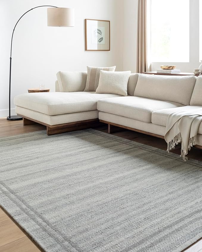 Mark&Day Wool Rugs, 8x10 Janmichael Solid and Border Gray Area Rug, Grey Ivory Carpet for Living Room, Bedroom or Kitchen (8' x 10')