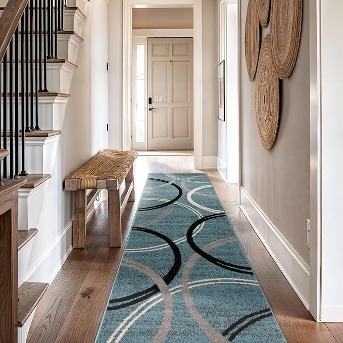 Rugshop Modern Wavy Circles Design Runner Rug, Fade-Resistant Carpet for Hallway, Mudroom, or Kitchen, Blue, 2' x 10'