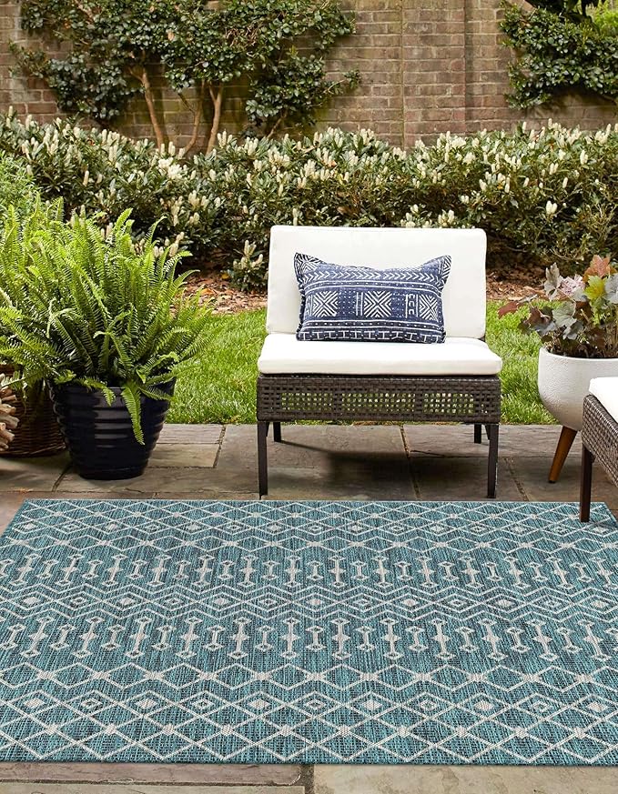 Unique Loom Outdoor Trellis Collection Area Rug - Tribal Trellis (10' 8" Square, Teal/ Ivory)