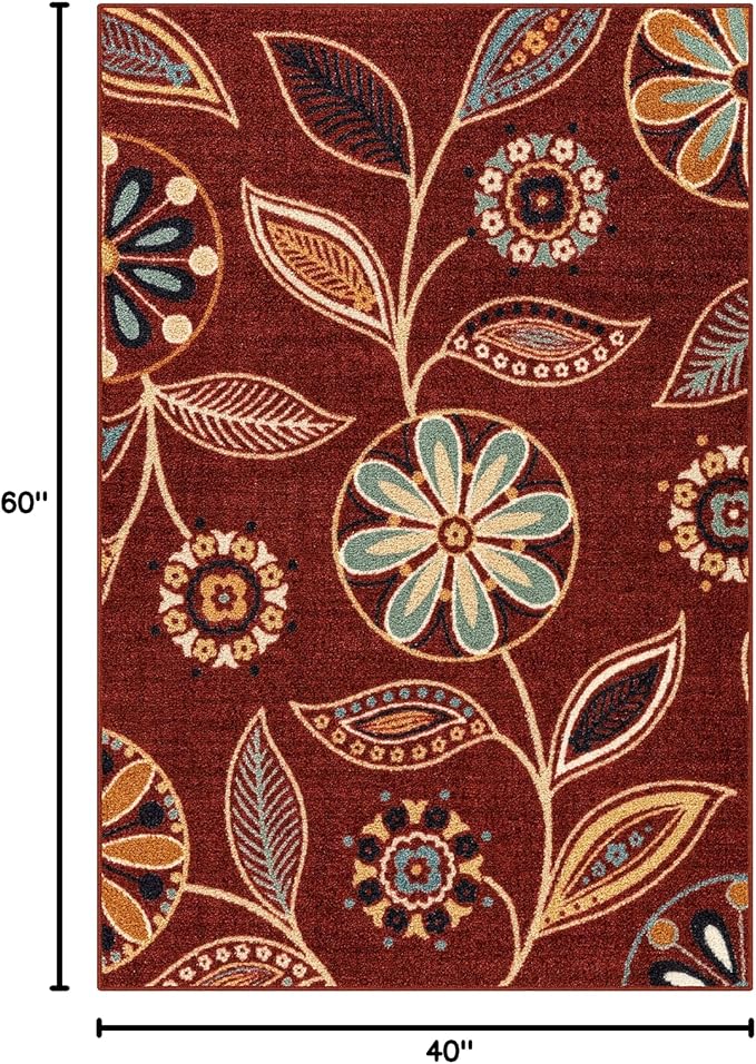 Maples Rugs Reggie Floral Area Rug - Made in USA - Washable, Non Slip, Pet-Friendly Mats for Living Room, Bedroom, and Office, 3'4 x 5, Merlot