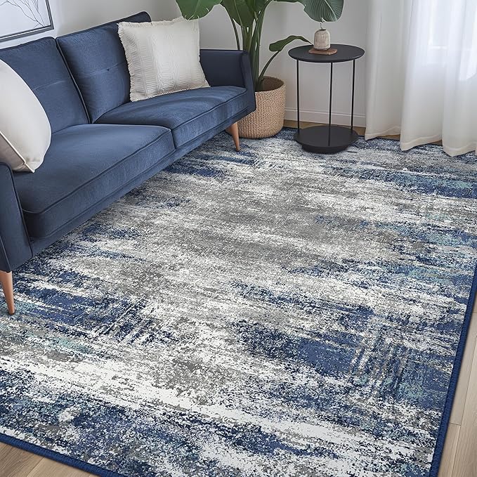 Bavni Area Rugs 9x12 Living Room, Modern Machine Washable Rugs Non-Slip, Modern Soft Large Rug for Bedroom, Dining Room, Office, Playroom, Blue/Ivory