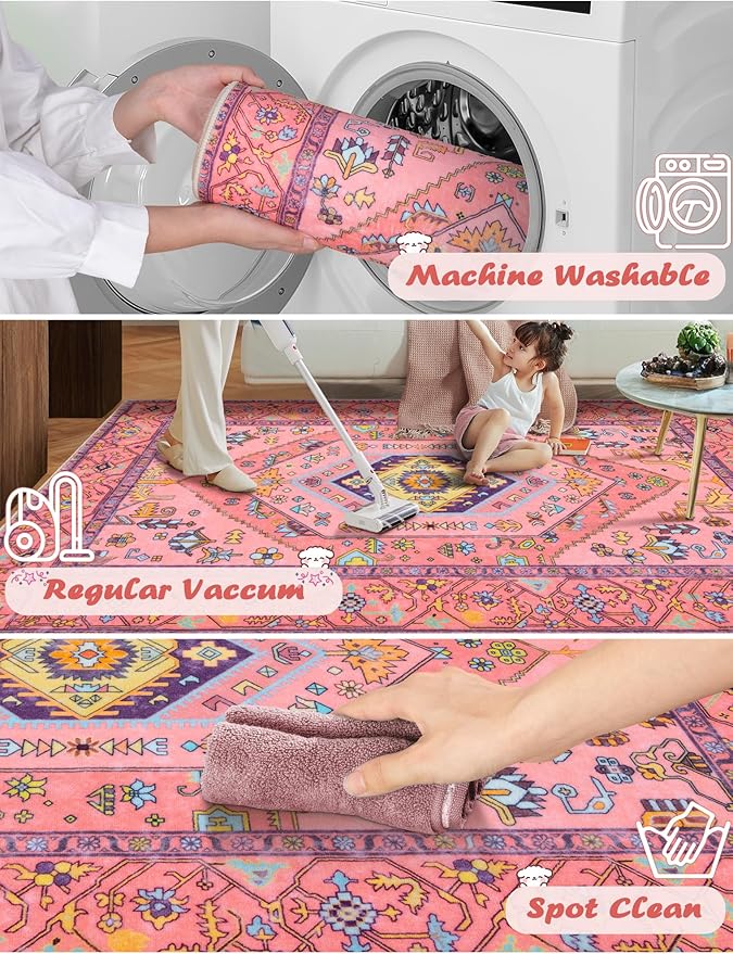 SERISSA Runner Rug for Hallways, 2'6"x10' Washable Non Slip Kitchen Runner Rug, Ultra Soft Cute Boho Aesthetic Rug Long Fuchsia Pink Floor Carpet for Bedroom Bathroom Laundry Living Room