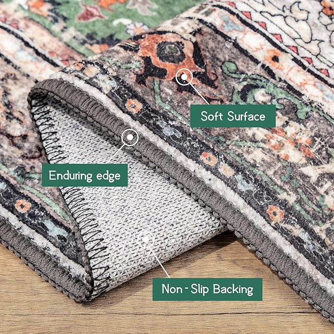 Boho Area Rug 3x5 Green Rug Washable Vintage Rug for Kitchen Living Room Bedroom Bathroom Office Low Pile Non Slip Floor Carpet