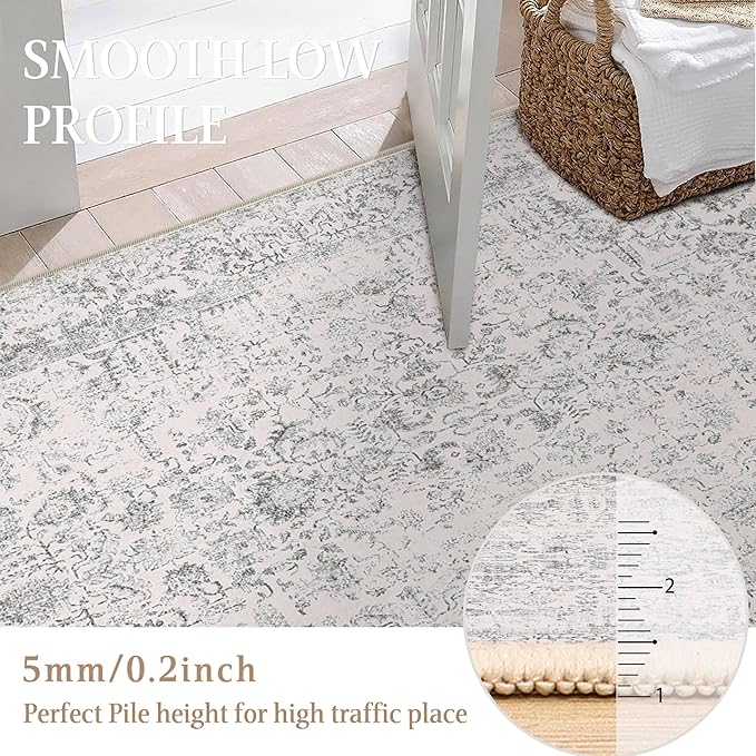 Grey Round Area Rug 3ft Entryway Door Mat Small Circle 3x3 Kitchen Vintage Carpet Non Slip Indoor Bedroom Washable Distressed Floral Retro Accent Throw Rug Office Bathroom
