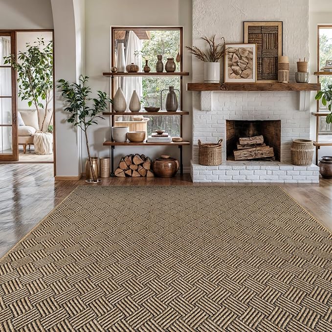 Easy Jute Rugs 5x7 Herringbone Natural Color Living Room Indoor Outdoor Area Rug for Patio and Kitchen Rug High Traffic Washable Easy to Clean Solid Boho Woven Design Carpet (5 x 7)
