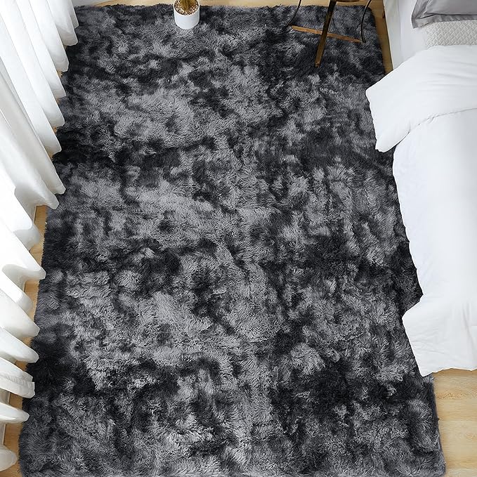 Andency Soft Area Rugs for Living Room Bedroom, 5x8 Fluffy Shaggy Bedside Rug, Non-Slip Large Shag Fuzzy Plush Carpets for Bedroom Kids Dorm Nursery Home Decor Aesthetic, Tie-Dyed Dark Grey