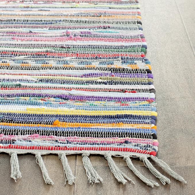 SAFAVIEH Rag Rug Collection Runner Rug - 2'3" x 12', Grey & Multi, Handmade Boho Stripe Cotton, Ideal for High Traffic Areas in Living Room, Bedroom (RAR121M)