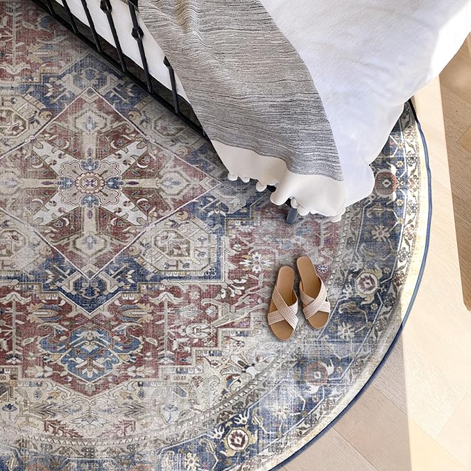 RUGGABLE Washable Vintage Area Rug – Kamran Royal Blue 6 ft Round, Stain-Resistant, Non-Slip – Medium Machine Washable Rugs for Living Room, Bedroom, Hallway, Entryway & Office–with Cushioned Pad