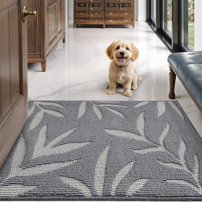 LUMI Indoor Door Mat 36x60, Washable Front Doormat with Welcome Leaf Pattern, Non-Slip Rubber Back Absorbent Mats for Entrance, Patio, Garage, Light Grey