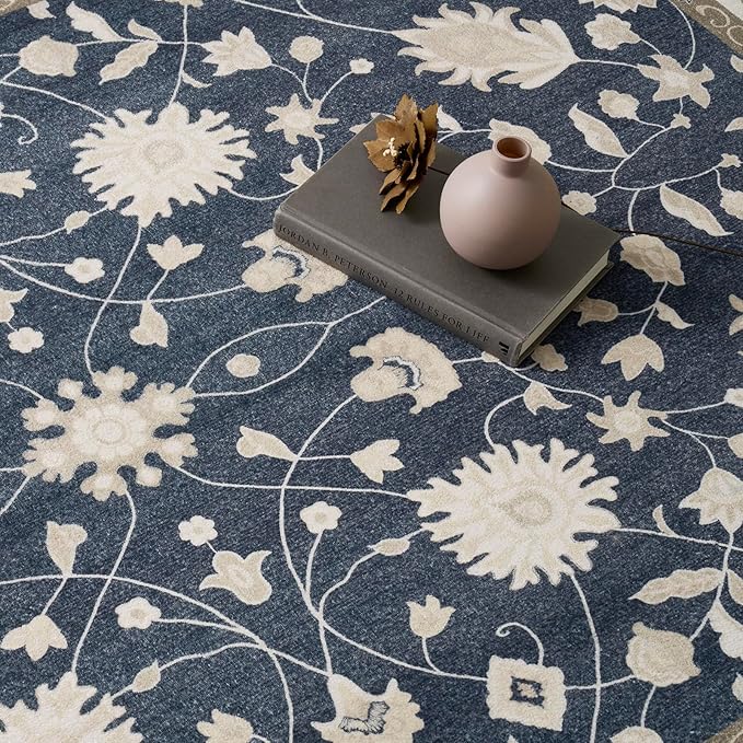 EVERGRACE Area Rugs for Living Room 8x10, Boho Floral Faux Wool Indoor Outdoor Rugs, Washable Rugs for Bedroom Dining Room Entryway Kitchen, Low Pile Floor Mat Carpet for Home Decor, Navy Blue