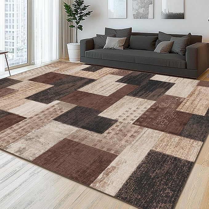 Modern Geometric Patchwork Indoor Area Rug for Living Room, Chocolate 6'x 9' Large Rug Rockwood Collection Hardwood Floors Decor for Bedroom, Brown Throw Carpet for Office Entryway Dining Room