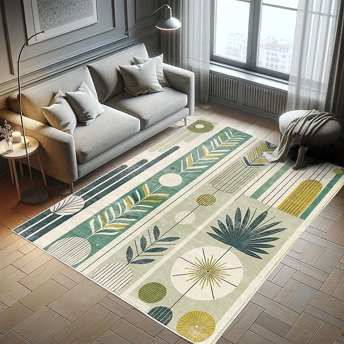 Ambesonne Mid Century Modern Decorative Rug, Abstract Circles Leaves and Stripes in Nature Color Palette, Quality Carpet for Bedroom Dorm and Living Room, 2' 2" x 3' 7", Fawn Teal Pale Green