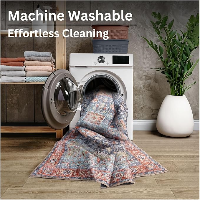 Bloom Rugs Washable Non-Slip 5' x 7' Rug - Terracotta/Blue Traditional Medallion Area Rug for Living Room, Bedroom, Dining Room, and Kitchen - Exact Size: 5' x 7'