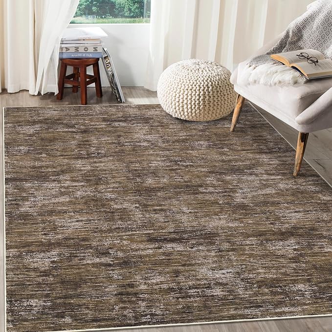 RUGSREAL Living Room Area Rug 9x12 Machine Washable Rug Non-Slip Stain Resistant Modern Abstract Bedroom Rug Contemporary Throw Floor Carpet for Dining Room Solid Area Rug for Home Office, Brown