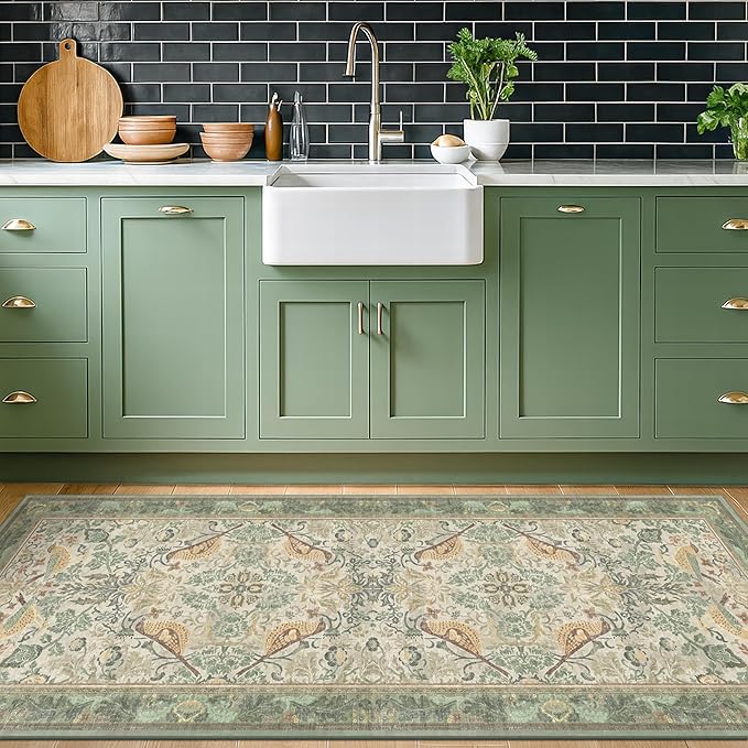 Boho Long Bathroom Runner Rug 2x6 - Floral & Bird Runner Rug for Kitchen Floor, Hallway, Laundry Room, Bedroom, Entrance, Sage Green Vintage Decor, Washable Non Slip Low Pile - Light Green