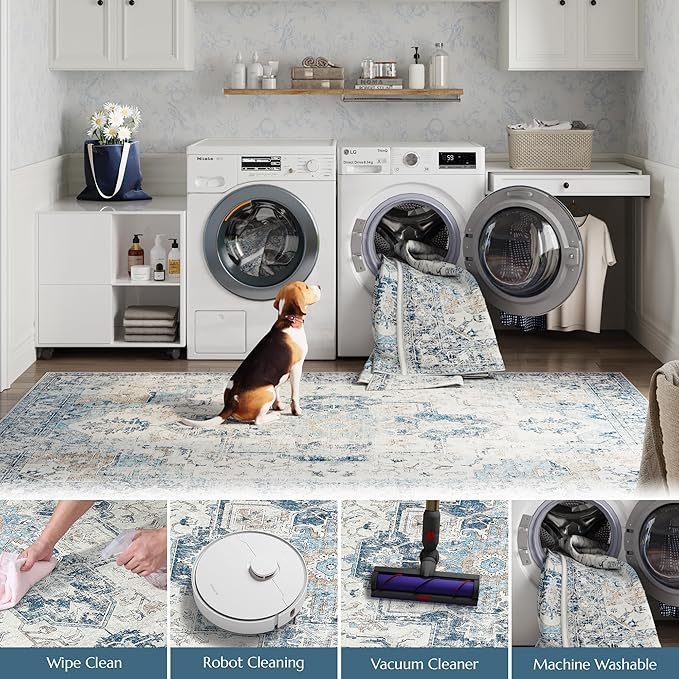 jinchan Kelda Area Rug 3x5 Washable Entryway Rug Vintage Indoor Doormat Distressed Thin Mat Lightweight Non-Slip Stain Resistant Low Pile Carpet for Kitchen Living Room Bedroom Dining Room Office Blue
