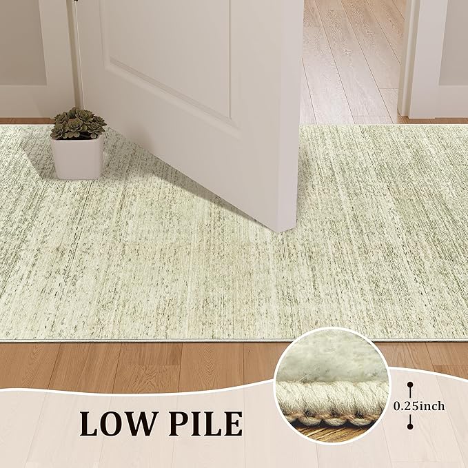 Art&Tuft Non-Slip Runner Rug - 2x6 Runner Rug Washable Low-Pile Rugs Runners, Soft Distressed Carpet Runner for Bedroom Bathroom Kitchen Laundry Living Room, Green