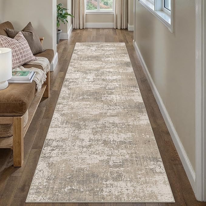 Runner Rug 2x6 Beige Machine Washable Modern Abstract Hallway Carpet Non Slip Neutral Long Carpet Low Pile Soft Non Shedding Contemporary Rug for Bathroom Laundry Kitchen Bedroom