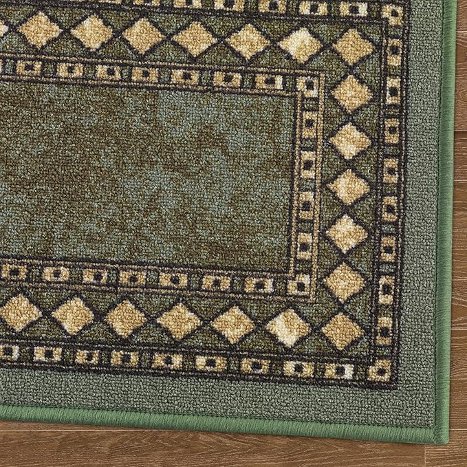 Antep Rugs Alfombras Modern Bordered 2pc Non-Skid (Non-Slip) Low Profile Pile Rubber Backing Indoor Kitchen Runner Rugs (Green, 2pc Set)