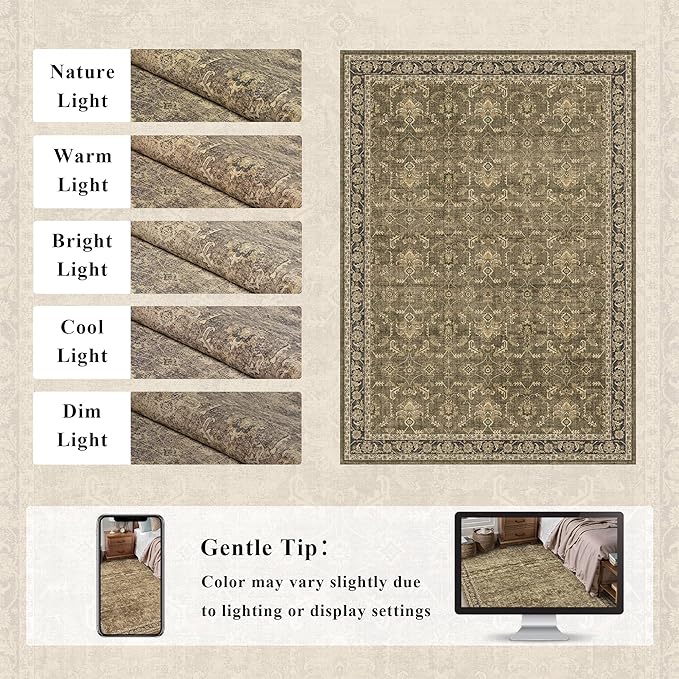 Washable Area Rug 5x7 Brown Rugs for Living Room, Vintage Boho Large Rug for Bedroom Dining Room Office, Distressed Floral Print Carpet for Under Table, Soft Non Slip Low Pile Throw Carpet Indoor Mat