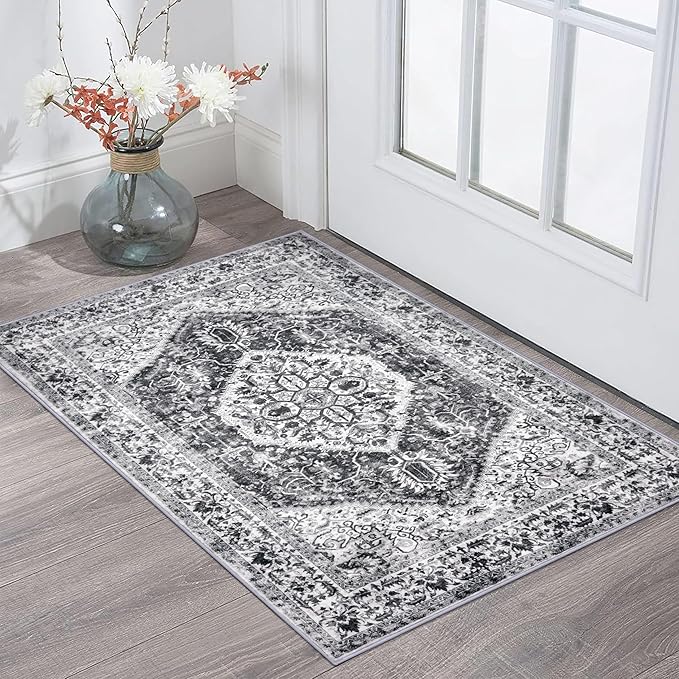 KOZYFLY Small Area Rug 2x3 Ft Rugs for Entryway Washable Entry Rug Non Slip Door Mat Indoor Entrance Printed Faux Wool Vintage Kitchen Rug Throw Rugs for Entrance Kitchen, Grey