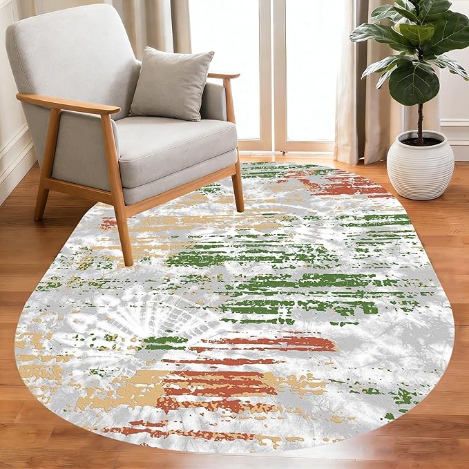 Distressed Abstract Art Aesthetic Deco Indoor Oval Rugs 6x8 for Living Room Bedroom Dining Room Soft Non Skid Easy Clean Big Carpet Nursery Dorm Farmhouse Rustic Grey Green Tie-Dye Texture Area Rug