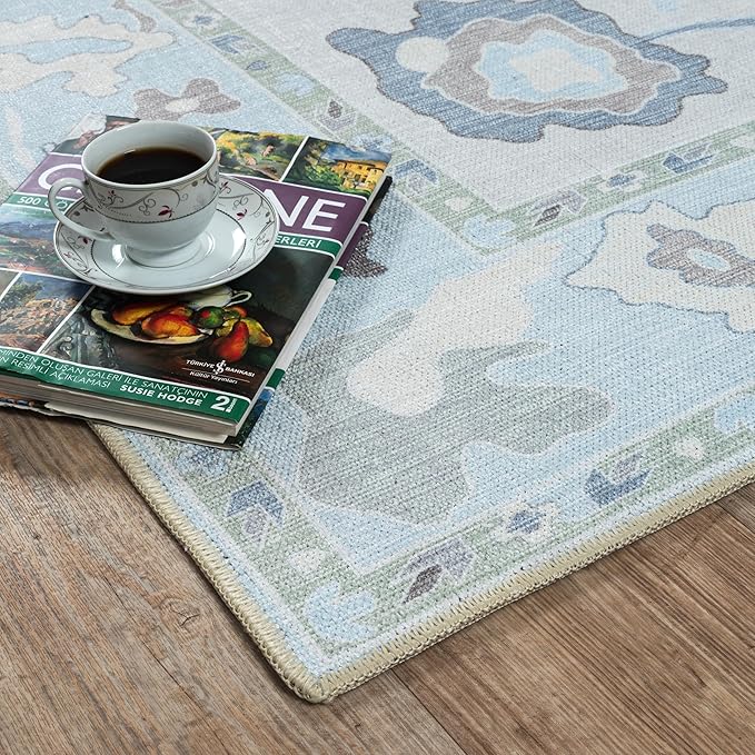 Cream Blue Oushak Rug, Modern Small Rugs, Vintage, Turkish, Eclectic, Floral, Pastel, Washable, Door Mat, Doormat for Indoor Entrance, Entryway, Kitchen, Bathroom, Bedroom, Laundry, 2'x3'