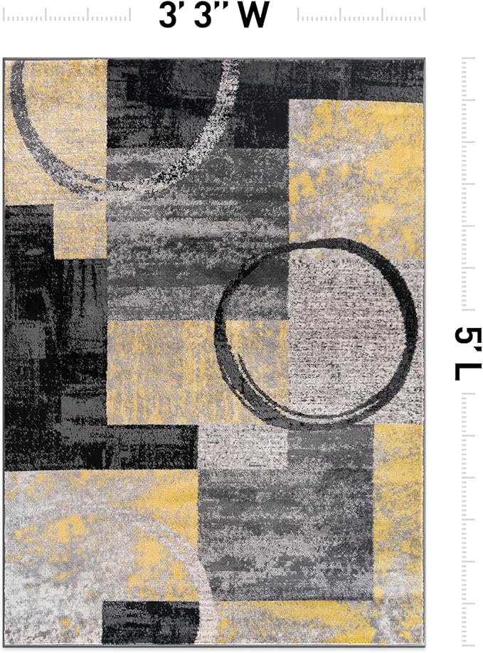 Rugshop Contemporary Circle Design Area Rug, Fade-Resistant Carpet for Bedroom, Home Office, or Entryway, Yellow, 3'3" x 5'