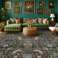 Washable Living Room Rug 7x9 - Dark Floral Nature Rugs for Bedroom, Dining Room Kitchen Table Rug for Under Table, Office, Stain Resistant Non-Slip Large - Brown/Dark Green