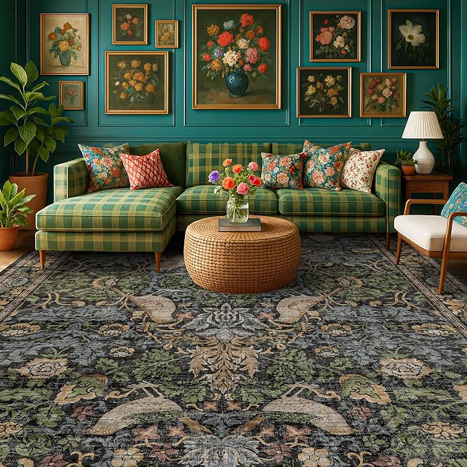 Washable Living Room Rug 7x9 - Dark Floral Nature Rugs for Bedroom, Dining Room Kitchen Table Rug for Under Table, Office, Stain Resistant Non-Slip Large - Brown/Dark Green