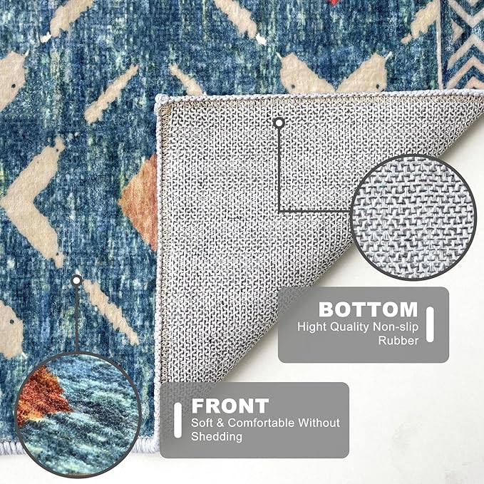 KILOCOCO Kitchen Runner Rug 2x6 Washable Runner Rug Soft Hallway Runners Non Slip Printed Distressed Laundry Room Rugs, Low-Pile Runners for Entryway Bedroom Living Room, Teal/Blue