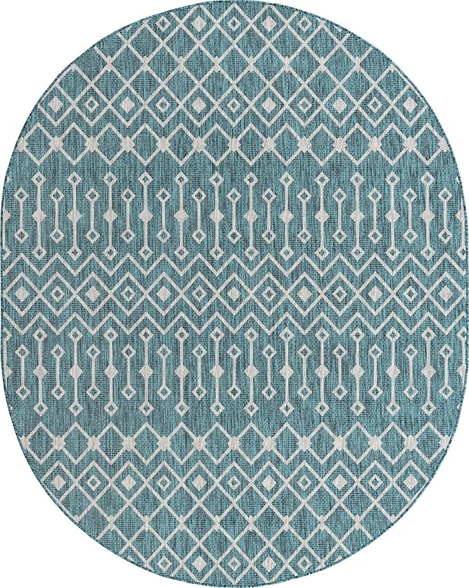 Unique Loom Outdoor Trellis Collection Area Rug - Tribal Trellis (7' 10" x 10' Oval, Teal/ Ivory)