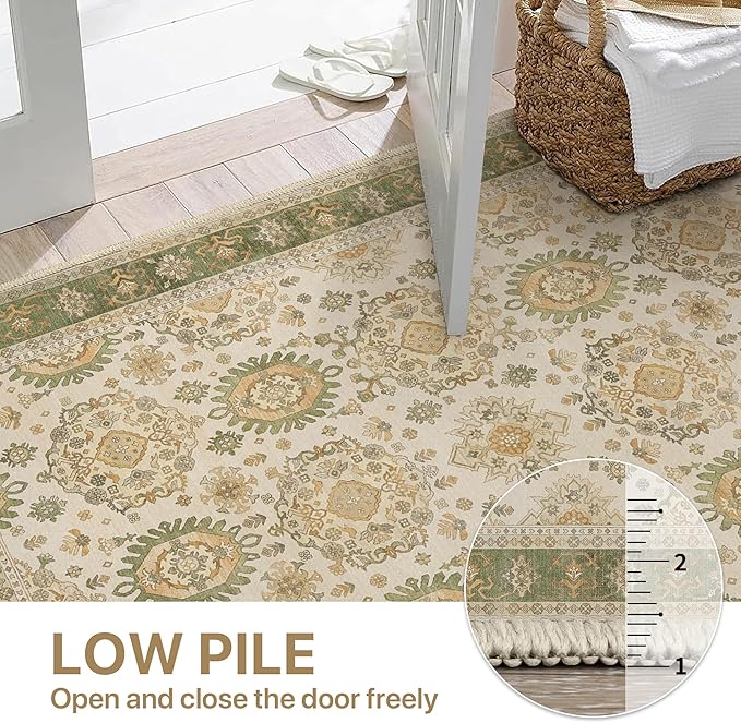 5x7 Area Rug Machine Washable Boho Rug for Living Room,Ultra-Thin Low Pile Carpet,Lightweight Indoor Printed Rug,Non Slip Floral Area Rug for Bedroom, Dining Room, Home Office,Green